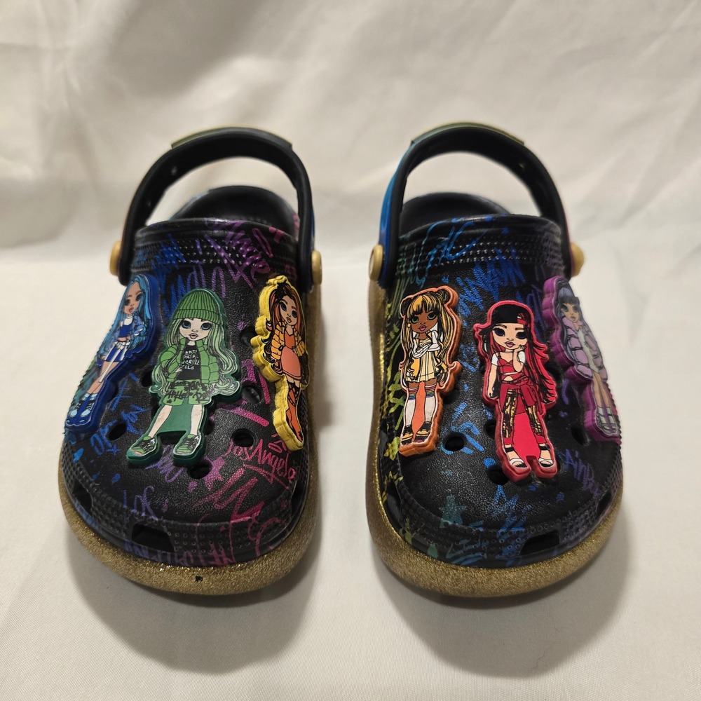 Kids Rainbow High Crocs Clogs Charm Glitter Gold Strap Size C11